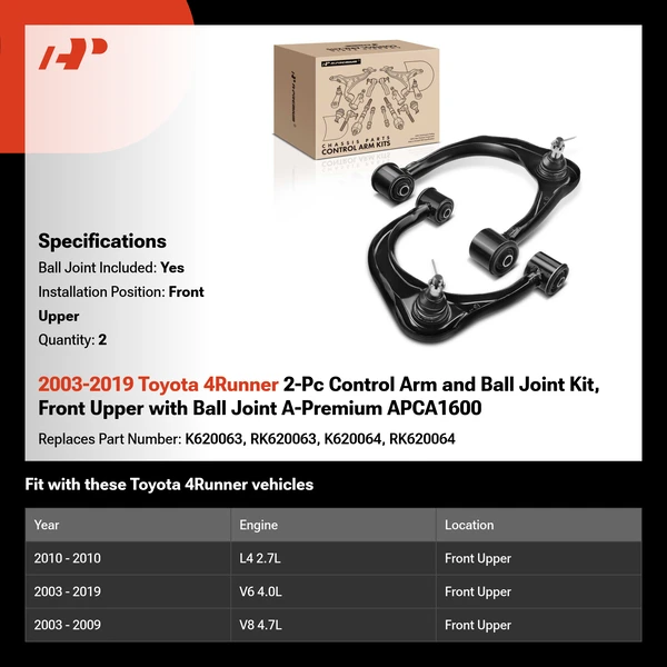 2003-2019 Toyota 4Runner 2-Pc Control Arm and Ball Joint Kit, Front Upper with Ball Joint A-Premium APCA1600