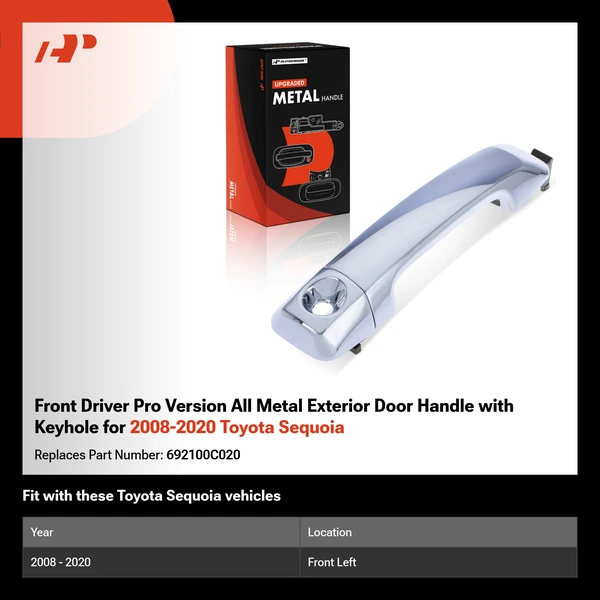 Front Driver Pro Version All Metal Exterior Door Handle with Keyhole for 2008-2020 Toyota Sequoia