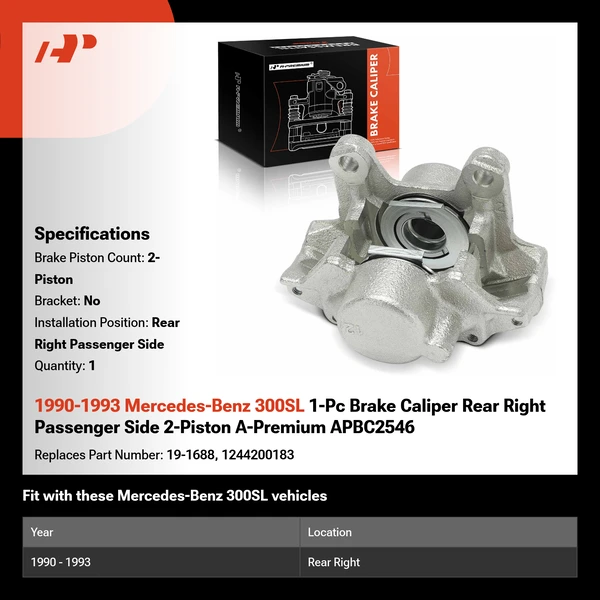 1990-1993 Mercedes-Benz 300SL 1-Pc Brake Caliper Rear Right Passenger Side 2-Piston A-Premium APBC2546
