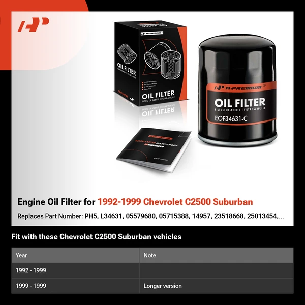 Engine Oil Filter for 1992-1999 Chevrolet C2500 Suburban