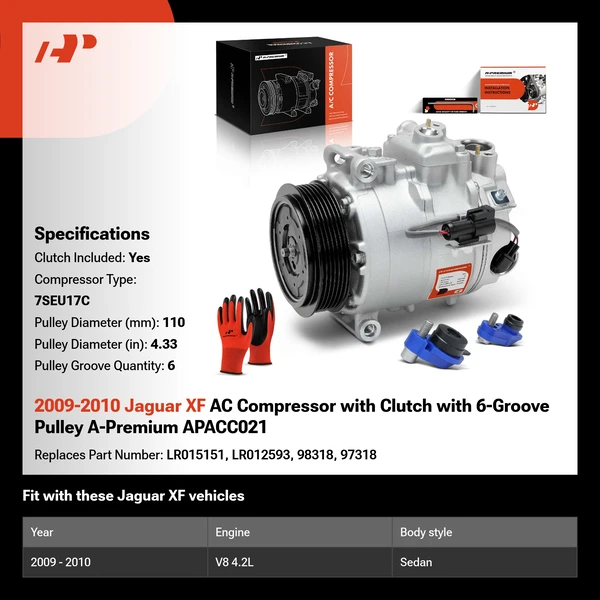 2009-2010 Jaguar XF AC Compressor with Clutch with 6-Groove Pulley A-Premium APACC021