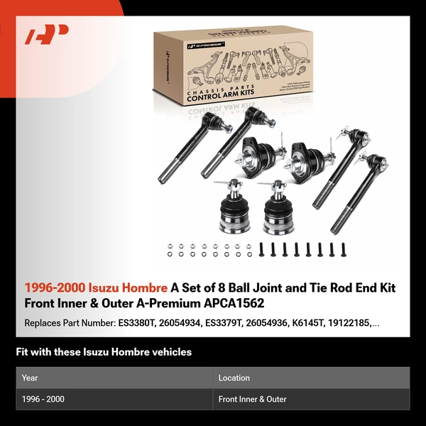 1996-2000 Isuzu Hombre A Set of 8 Ball Joint and Tie Rod End Kit Front Inner & Outer A-Premium APCA1562