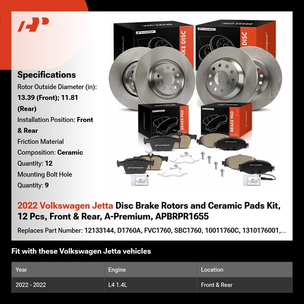 2022 Volkswagen Jetta Disc Brake Rotors and Ceramic Pads Kit, 12 Pcs, Front & Rear, A-Premium, APBRPR1655