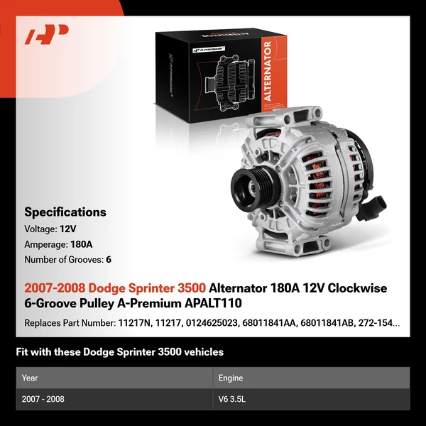 2007-2008 Dodge Sprinter 3500 Alternator 180A 12V Clockwise 6-Groove Pulley A-Premium APALT110