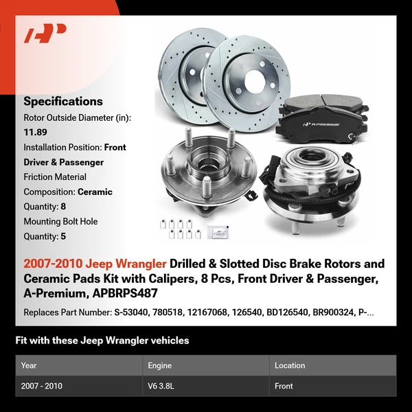 2007-2010 Jeep Wrangler Drilled & Slotted Disc Brake Rotors and Ceramic Pads Kit with Calipers, 8 Pcs, Front Driver & Passenger, A-Premium, APBRPS487