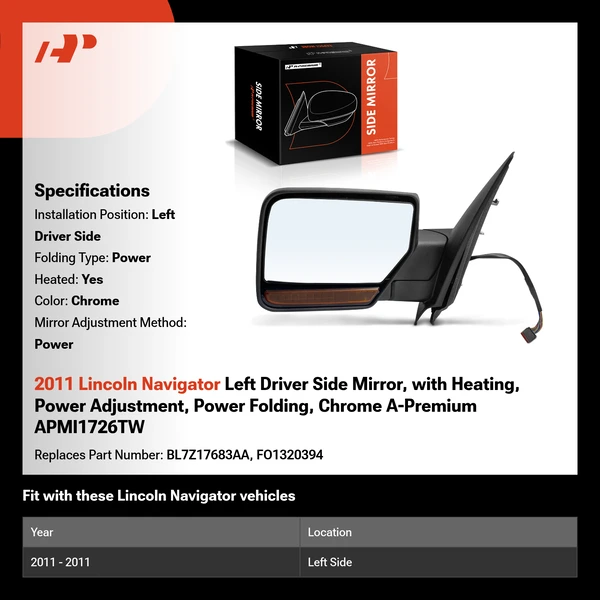 2011 Lincoln Navigator Left Driver Side Mirror, with Heating, Power Adjustment, Power Folding, Chrome A-Premium APMI1726TW