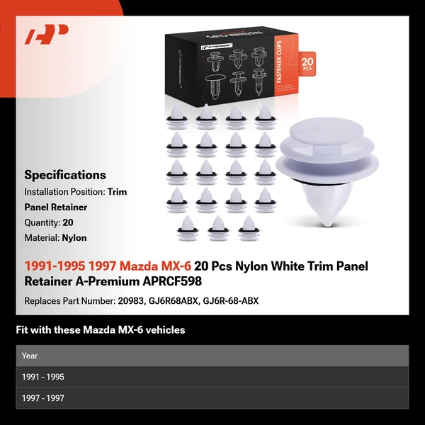 1991-1995 1997 Mazda MX-6 20 Pcs Nylon White Trim Panel Retainer A-Premium APRCF598