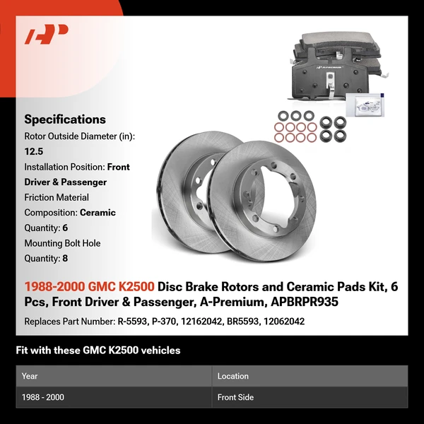 1988-2000 GMC K2500 Disc Brake Rotors and Ceramic Pads Kit, 6 Pcs, Front Driver & Passenger, A-Premium, APBRPR935