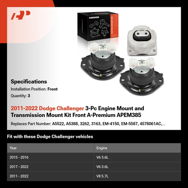 2011-2022 Dodge Challenger 3-Pc Engine Mount and Transmission Mount Kit Front A-Premium APEM385