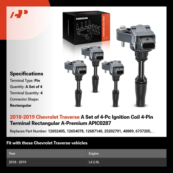 2018-2019 Chevrolet Traverse A Set of 4-Pc Ignition Coil 4-Pin Terminal Rectangular A-Premium APIC0287