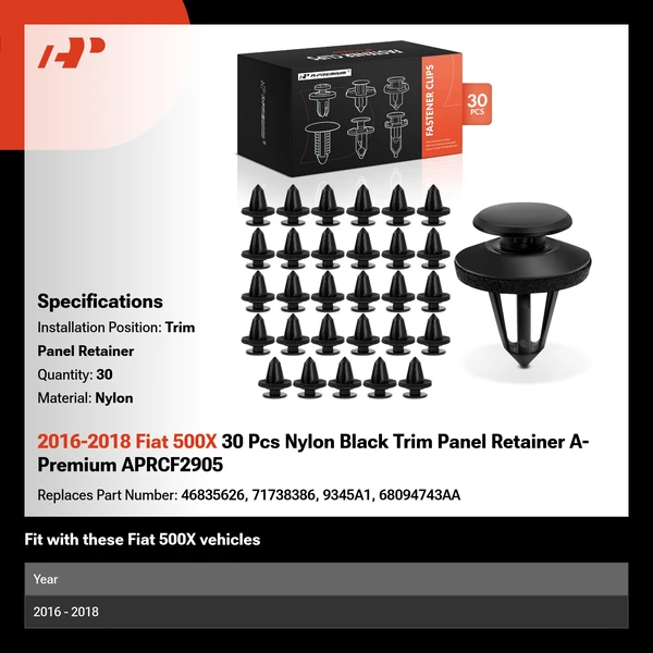 2016-2018 Fiat 500X 30 Pcs Nylon Black Trim Panel Retainer A-Premium APRCF2905
