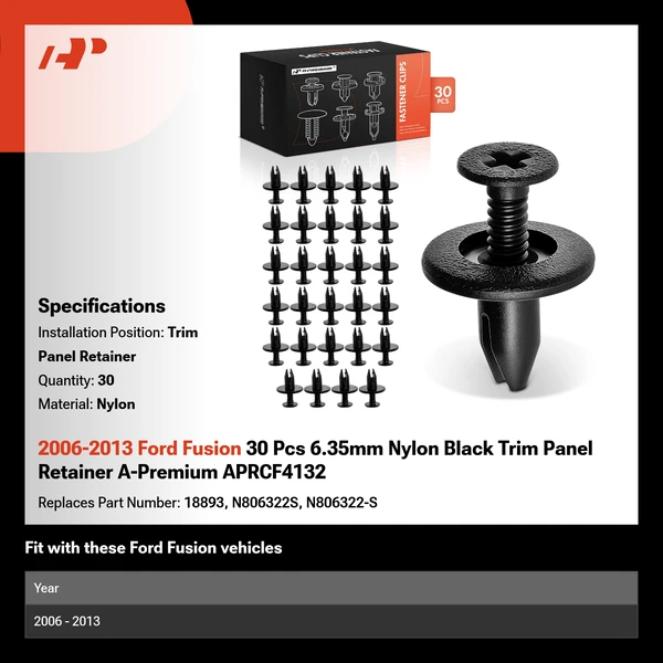 2006-2013 Ford Fusion 30 Pcs 6.35mm Nylon Black Trim Panel Retainer A-Premium APRCF4132