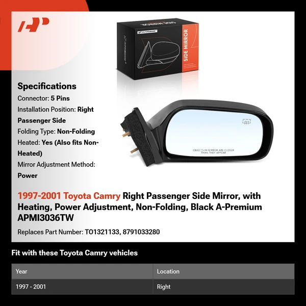 1997-2001 Toyota Camry Right Passenger Side Mirror, with Heating, Power Adjustment, Non-Folding, Black A-Premium APMI3036TW