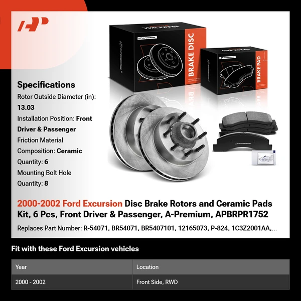 2000-2002 Ford Excursion Disc Brake Rotors and Ceramic Pads Kit, 6 Pcs, Front Driver & Passenger, A-Premium, APBRPR1752