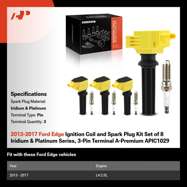 2013-2017 Ford Edge Ignition Coil and Spark Plug Kit Set of 8 Iridium & Platinum Series, 3-Pin Terminal A-Premium APIC1029