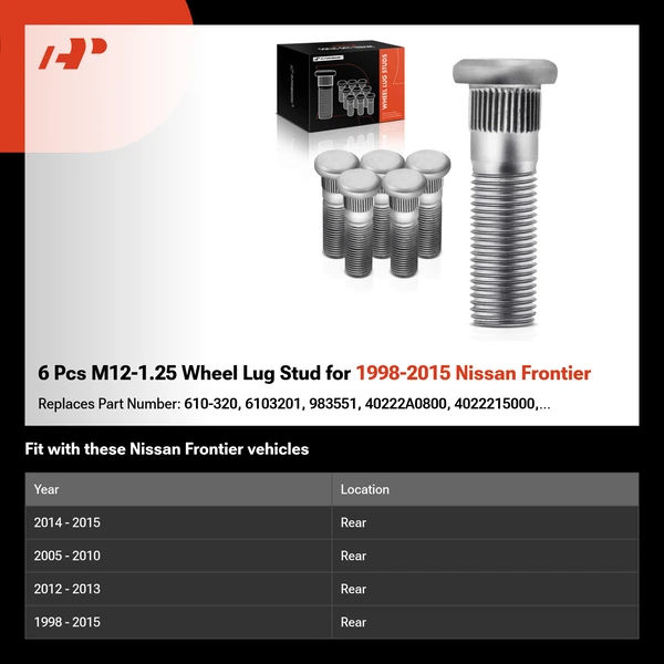 6 Pcs M12-1.25 Wheel Lug Stud for 1998-2015 Nissan Frontier