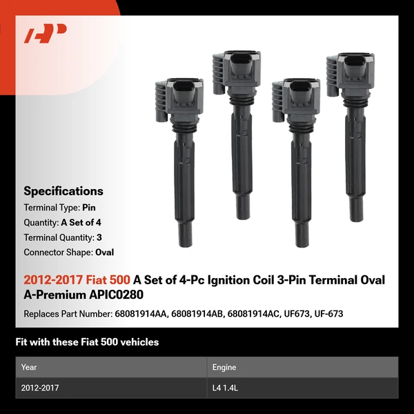 2012-2017 Fiat 500 A Set of 4-Pc Ignition Coil 3-Pin Terminal Oval A-Premium APIC0280