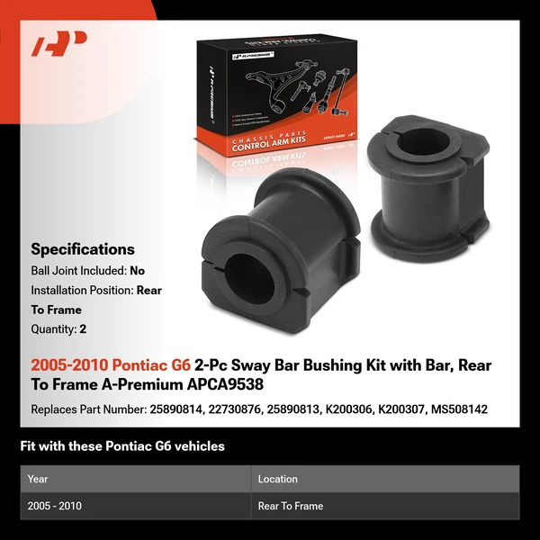 2005-2010 Pontiac G6 2-Pc Sway Bar Bushing Kit with Bar, Rear To Frame A-Premium APCA9538