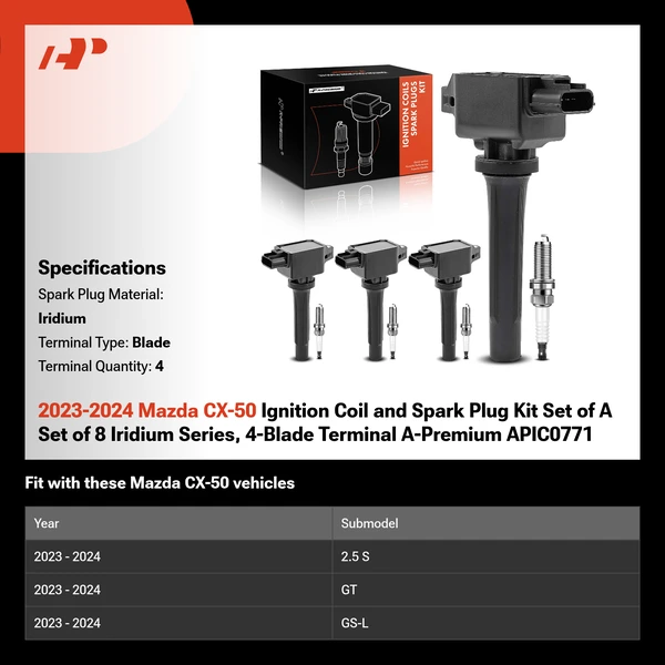 2023-2024 Mazda CX-50 Ignition Coil and Spark Plug Kit Set of A Set of 8 Iridium Series, 4-Blade Terminal A-Premium APIC0771