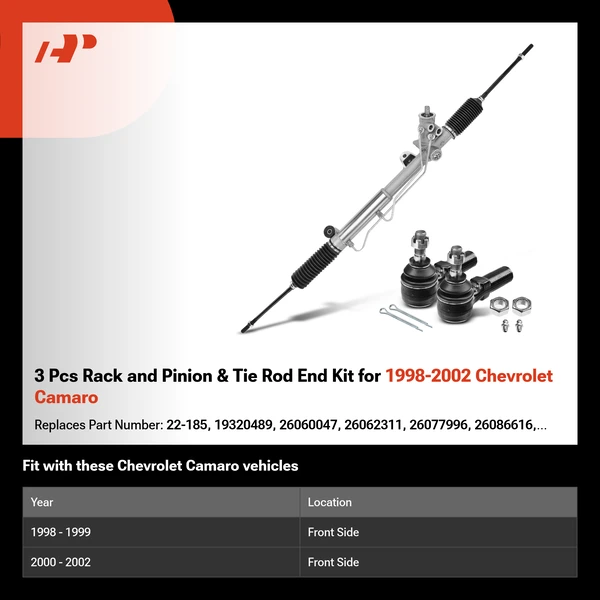 3 Pcs Rack and Pinion & Tie Rod End Kit for 1998-2002 Chevrolet Camaro