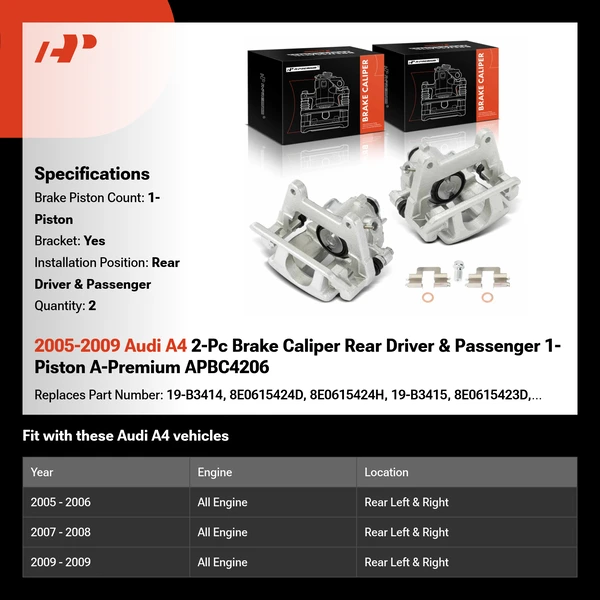2005-2009 Audi A4 2-Pc Brake Caliper Rear Driver & Passenger 1-Piston A-Premium APBC4206