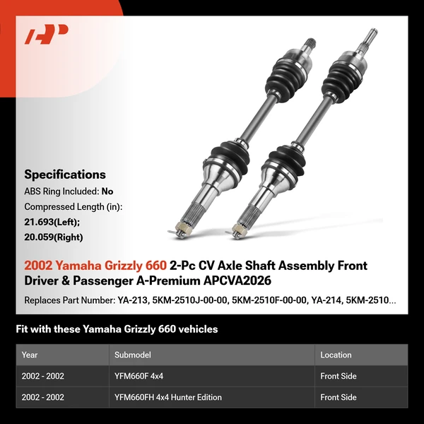 2002 Yamaha Grizzly 660 2-Pc CV Axle Shaft Assembly Front Driver & Passenger A-Premium APCVA2026