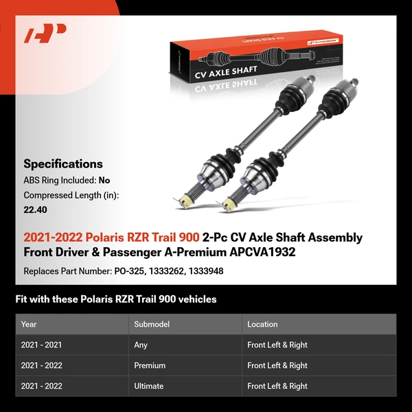 2021-2022 Polaris RZR Trail 900 2-Pc CV Axle Shaft Assembly Front Driver & Passenger A-Premium APCVA1932