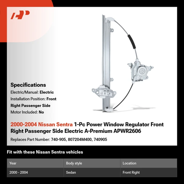 2000-2004 Nissan Sentra 1-Pc Power Window Regulator Front Right Passenger Side Electric A-Premium APWR2606