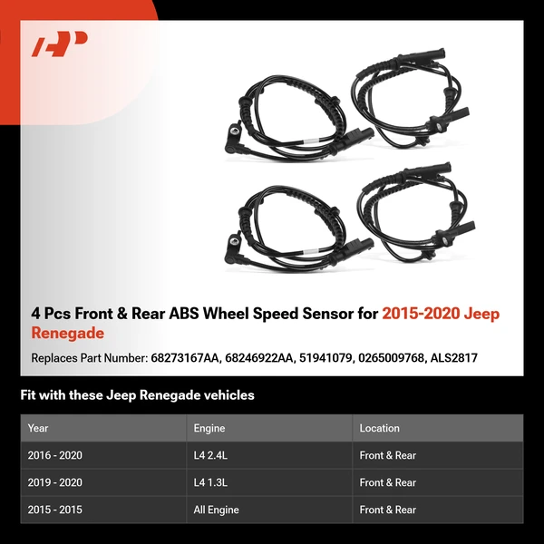 4 Pcs Front & Rear ABS Wheel Speed Sensor for 2015-2020 Jeep Renegade