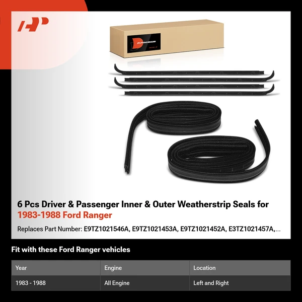 6 Pcs Driver & Passenger Inner & Outer Weatherstrip Seals for 1983-1988 Ford Ranger