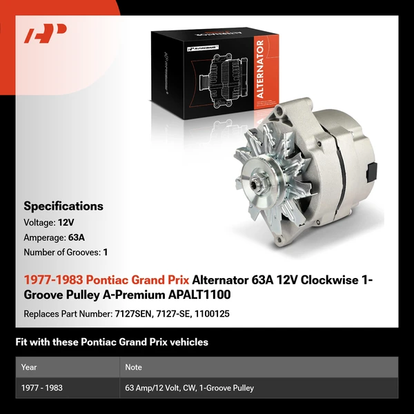 1977-1983 Pontiac Grand Prix Alternator 63A 12V Clockwise 1-Groove Pulley A-Premium APALT1100