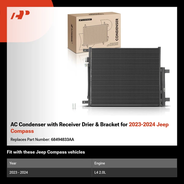 AC Condenser with Receiver Drier & Bracket for 2023-2024 Jeep Compass