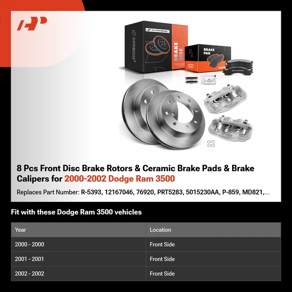 8 Pcs Front Disc Brake Rotors & Ceramic Brake Pads & Brake Calipers for 2000-2002 Dodge Ram 3500