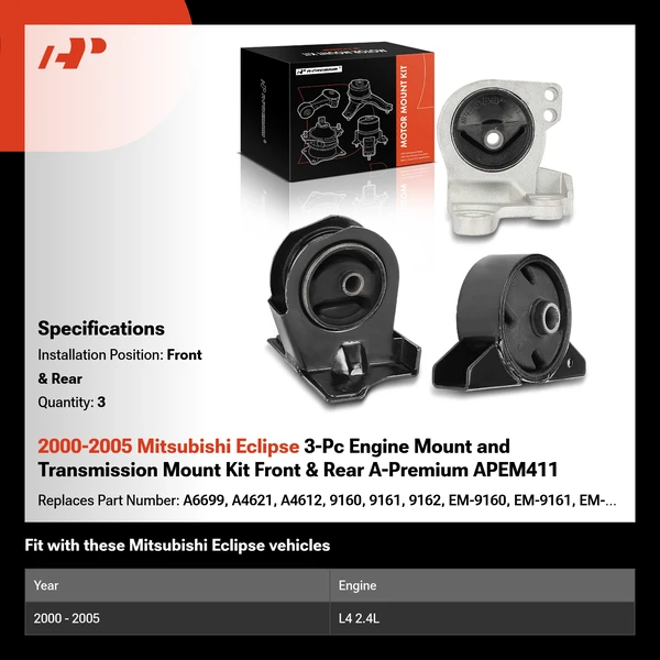 2000-2005 Mitsubishi Eclipse 3-Pc Engine Mount and Transmission Mount Kit Front & Rear A-Premium APEM411
