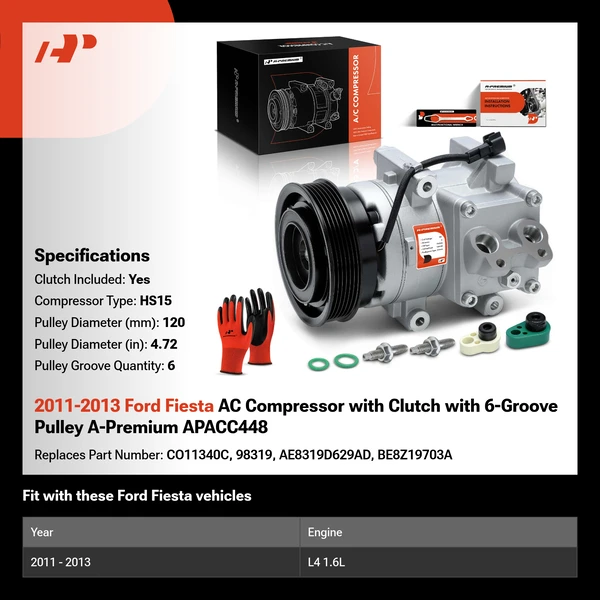 2011-2013 Ford Fiesta AC Compressor with Clutch with 6-Groove Pulley A-Premium APACC448