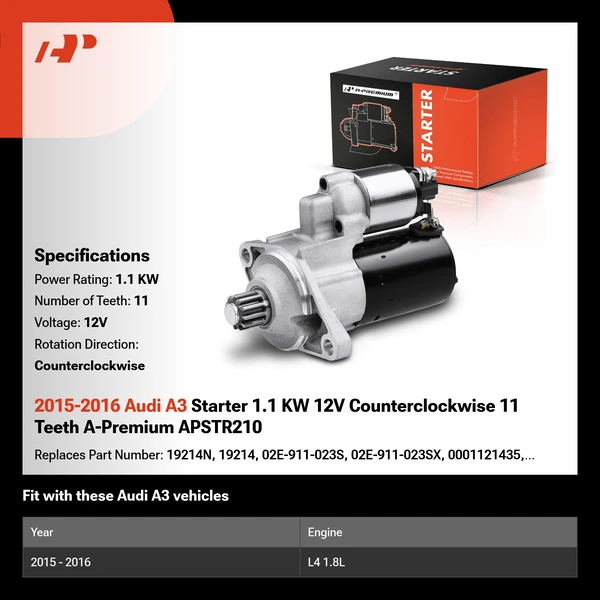 2015-2016 Audi A3 Starter 1.1 KW 12V Counterclockwise 11 Teeth A-Premium APSTR210