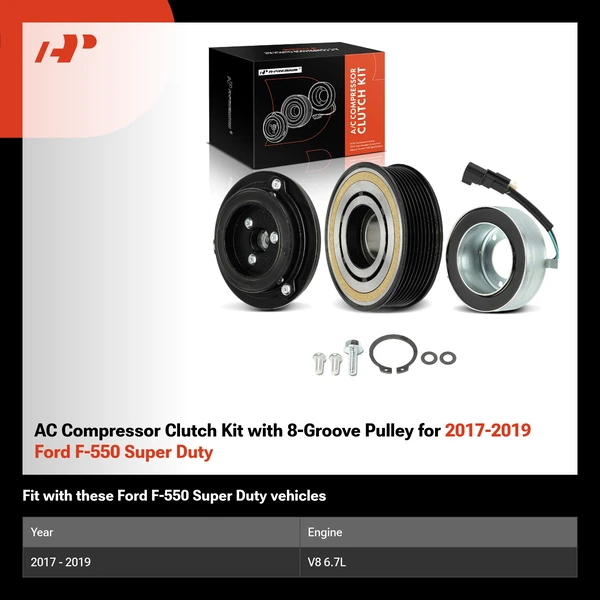 AC Compressor Clutch Kit with 8-Groove Pulley for 2017-2019 Ford F-550 Super Duty