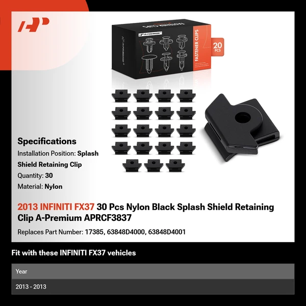 2013 INFINITI FX37 30 Pcs Nylon Black Splash Shield Retaining Clip A-Premium APRCF3837