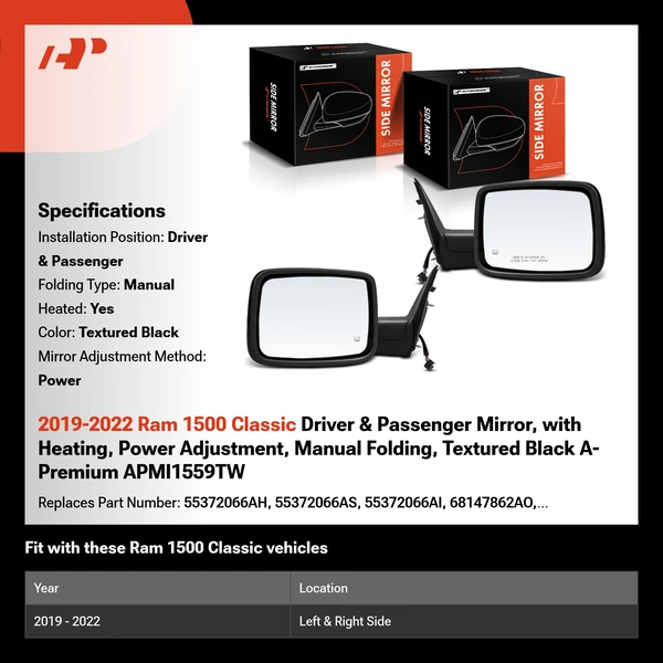 2019-2022 Ram 1500 Classic Driver & Passenger Mirror, with Heating, Power Adjustment, Manual Folding, Textured Black A-Premium APMI1559TW
