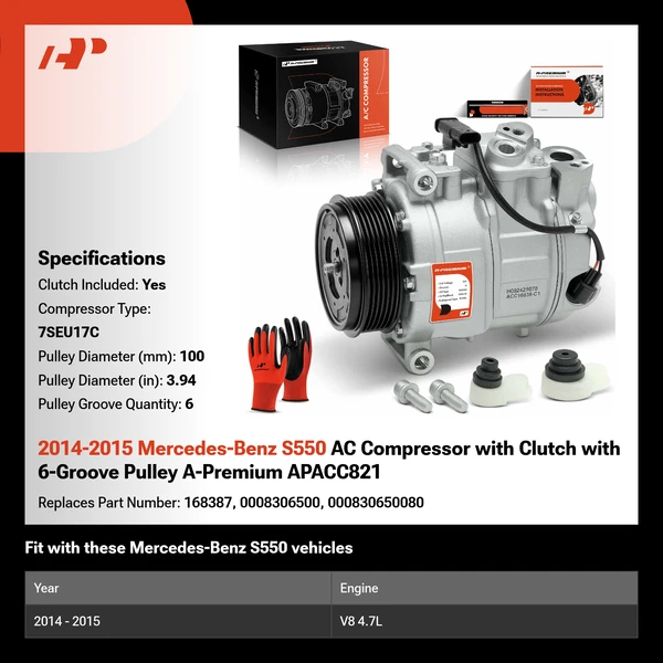 2014-2015 Mercedes-Benz S550 AC Compressor with Clutch with 6-Groove Pulley A-Premium APACC821