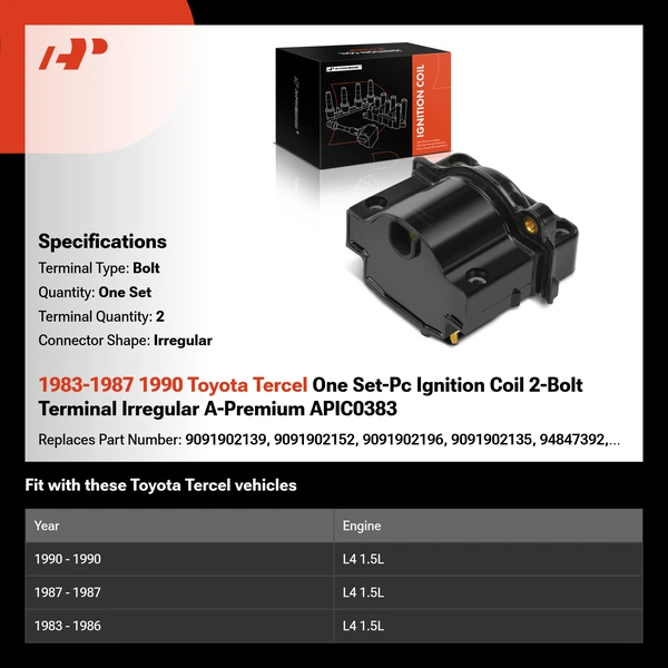 1983-1987 1990 Toyota Tercel One Set-Pc Ignition Coil 2-Bolt Terminal Irregular A-Premium APIC0383