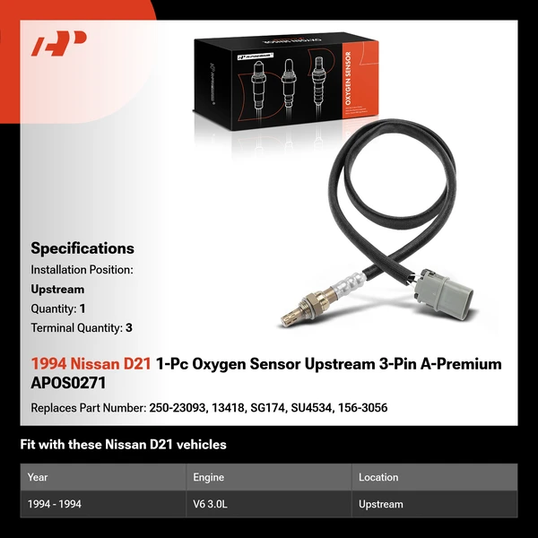 1994 Nissan D21 1-Pc Oxygen Sensor Upstream 3-Pin A-Premium APOS0271