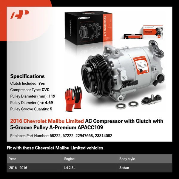 2016 Chevrolet Malibu Limited AC Compressor with Clutch with 5-Groove Pulley A-Premium APACC109