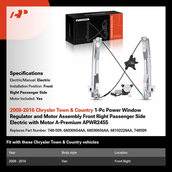 2008-2016 Chrysler Town & Country 1-Pc Power Window Regulator and Motor Assembly Front Right Passenger Side Electric with Motor A-Premium APWR2455