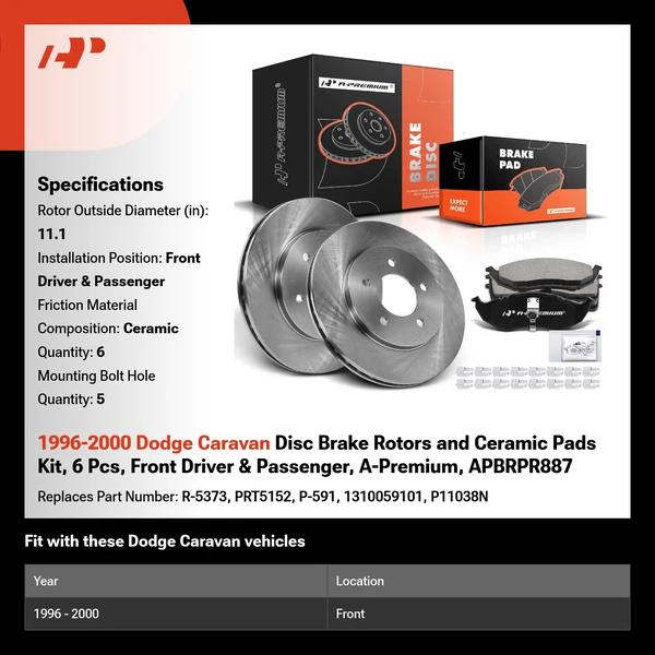 1996-2000 Dodge Caravan Disc Brake Rotors and Ceramic Pads Kit, 6 Pcs, Front Driver & Passenger, A-Premium, APBRPR887