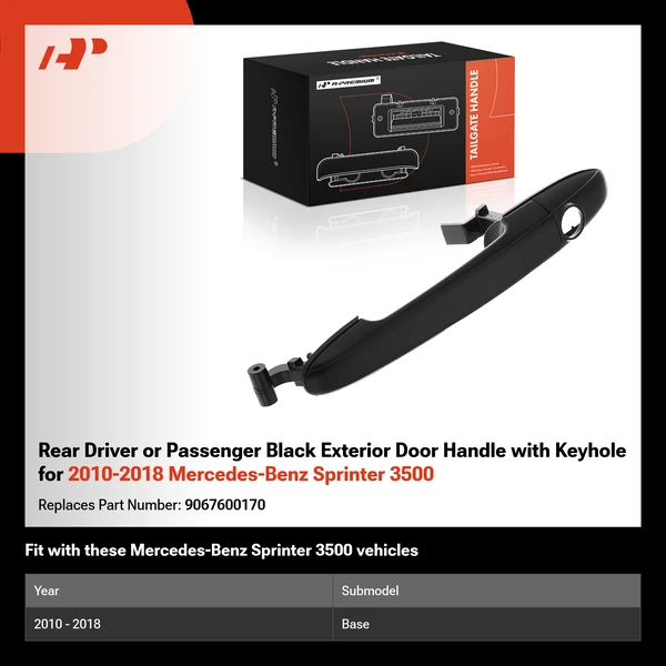 Rear Driver or Passenger Black Exterior Door Handle with Keyhole for 2010-2018 Mercedes-Benz Sprinter 3500