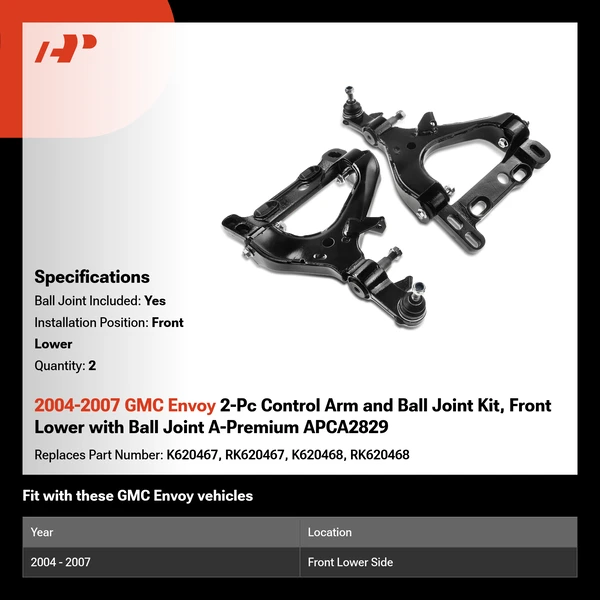 2004-2007 GMC Envoy 2-Pc Control Arm and Ball Joint Kit, Front Lower with Ball Joint A-Premium APCA2829