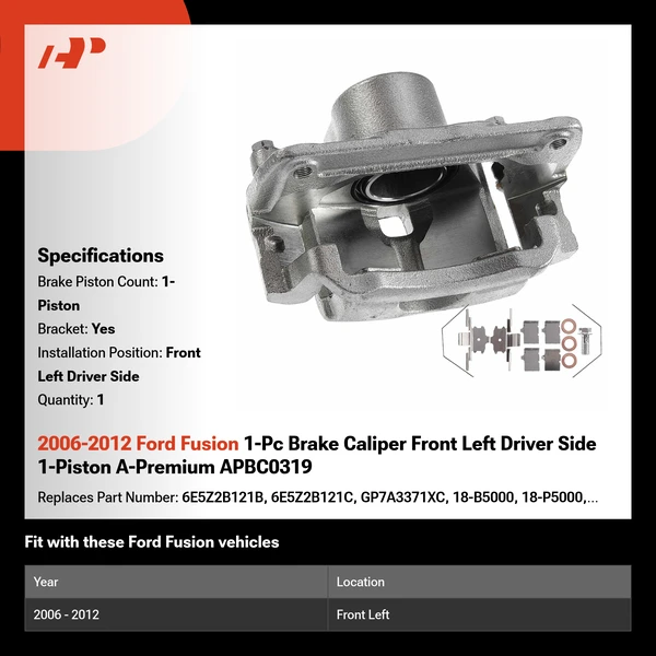2006-2012 Ford Fusion 1-Pc Brake Caliper Front Left Driver Side 1-Piston A-Premium APBC0319