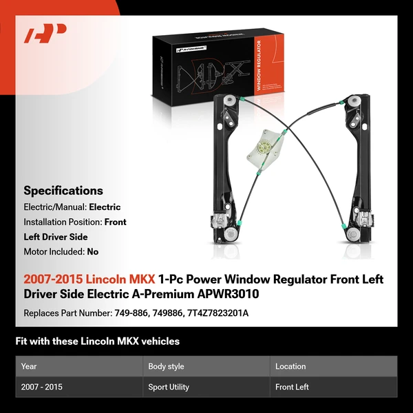 2007-2015 Lincoln MKX 1-Pc Power Window Regulator Front Left Driver Side Electric A-Premium APWR3010