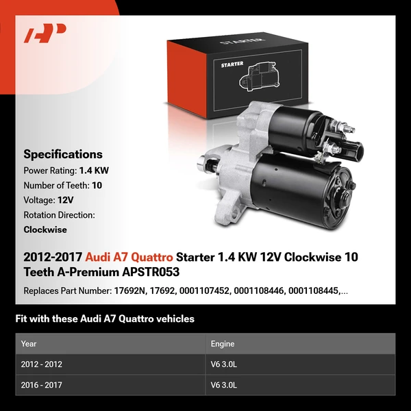 2012-2017 Audi A7 Quattro Starter 1.4 KW 12V Clockwise 10 Teeth A-Premium APSTR053